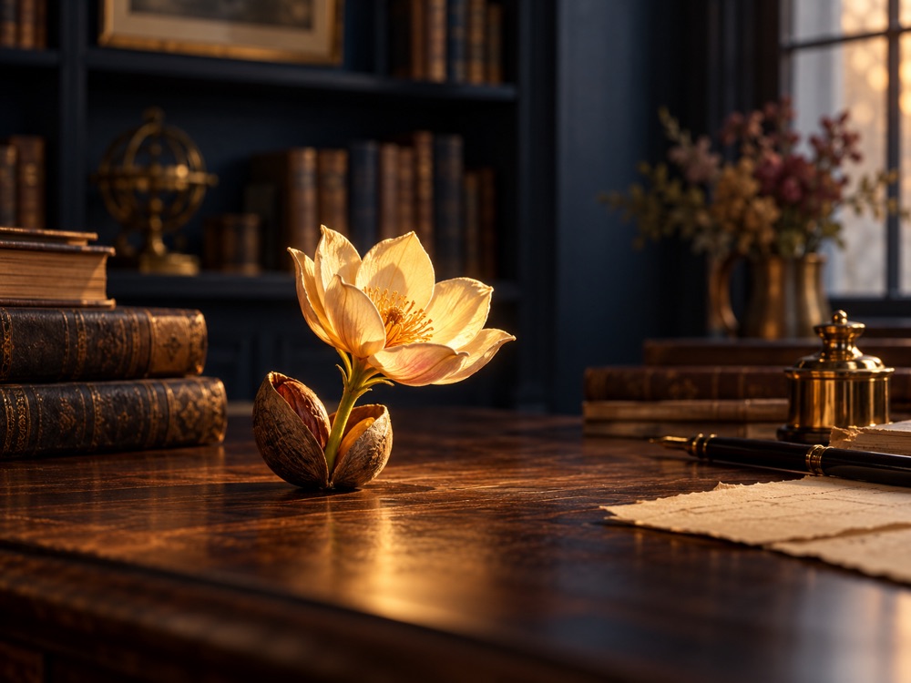 A luminous flower emerging from a seed on a writer’s library desk