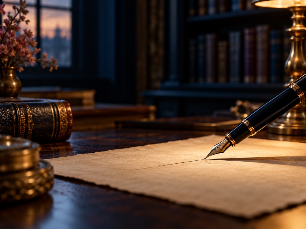 A fountain pen poised above parchment in focused light