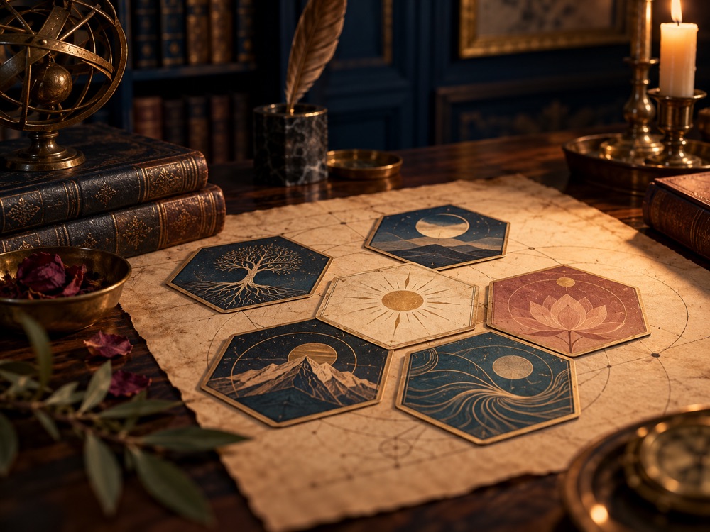 Symbolic hexagonal cards arranged across parchment